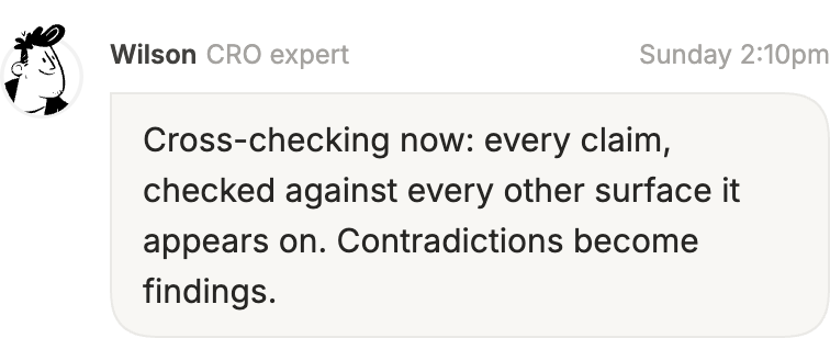 Wilson in the analysis chat: cross-checking every claim against every other surface it appears on